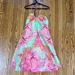 Boho beach green and pink dress with halter tie back size 4 I.c.e